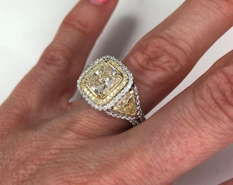 4 Carats Radiant Cut Yellow Diamond Halo Engagement Ring, Trillion Sides, 18k White Gold
