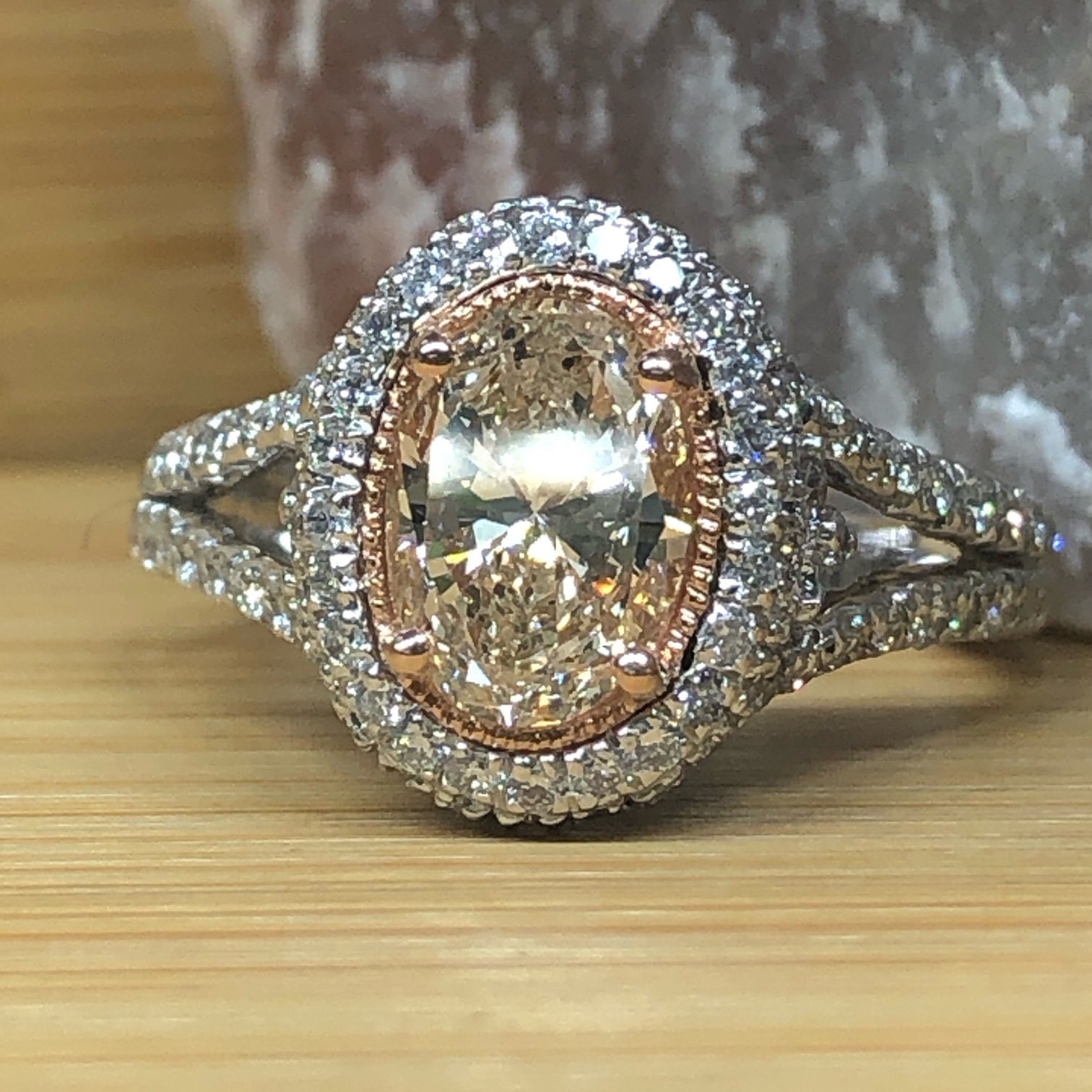 2 Carat Oval Diamond Halo Engagement Ring, 18k White Gold Split Shank ...