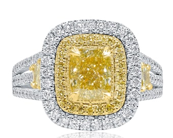 GIA 2.19Ctw Cushion Fancy Yellow Diamond Ring, 18k Gold Halo, Split Shank w/Trapezoids