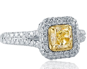 1.32Ctw Cushion Cut Yellow Diamond Halo Engagement Ring, 18k White Gold Split Shank