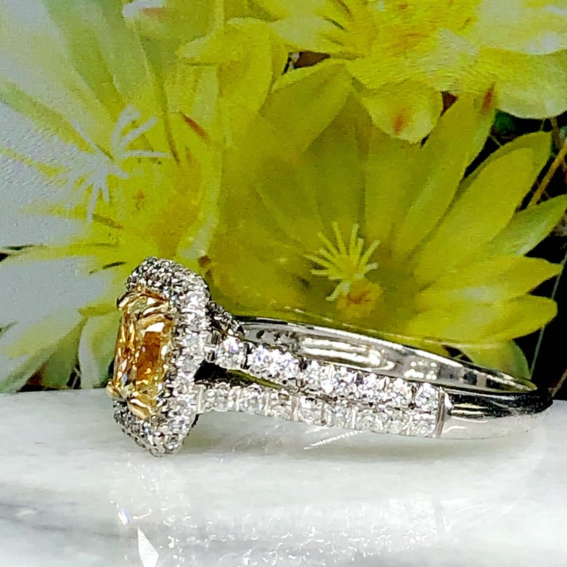 May include: A yellow diamond engagement ring with a halo setting and a split shank. The ring is set in white gold and features a double row of pave diamonds.