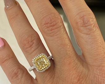 Radiant Cut Yellow Diamond Halo Engagement Ring, 18k White Gold