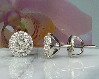 0.80Ct Diamond Stud Earrings, Halo Diamond Earring Studs, Round Cut Diamond Bridal Studs 14k White Gold, Post Earrings