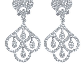 1.40 Ct Glamorous Diamond Chandelier Earrings, Real Natural Diamond Dangle Pave Earrings, Women's Wedding Bridal Earrings, 14k White Gold