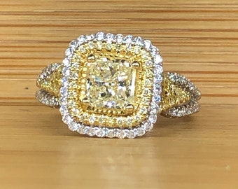 1.65 Ct Radiant Cut Diamond Engagement Ring, Yellow Diamond Engagement Ring, Modern Split Shank, Halo Engagement Ring, 18k White Gold Ring