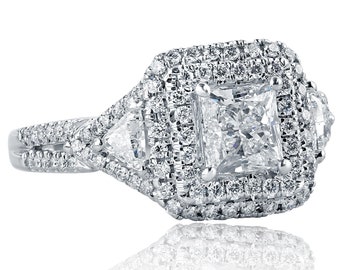 1.88Ctw Princess Cut Diamond Halo Engagement Ring, 14k White Gold, Trillion Side Stones