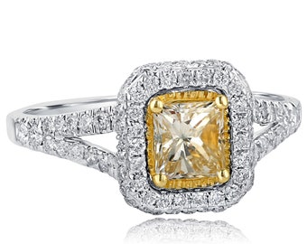 Halo Yellow 1.29Ctw Diamond Engagement Ring, Radiant Cut, 18K White Gold