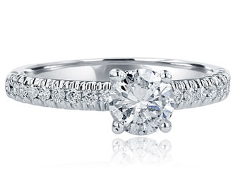 Solitaire 1.10Ctw Round Diamond Engagement Ring, Micro Pave, 14k White Gold