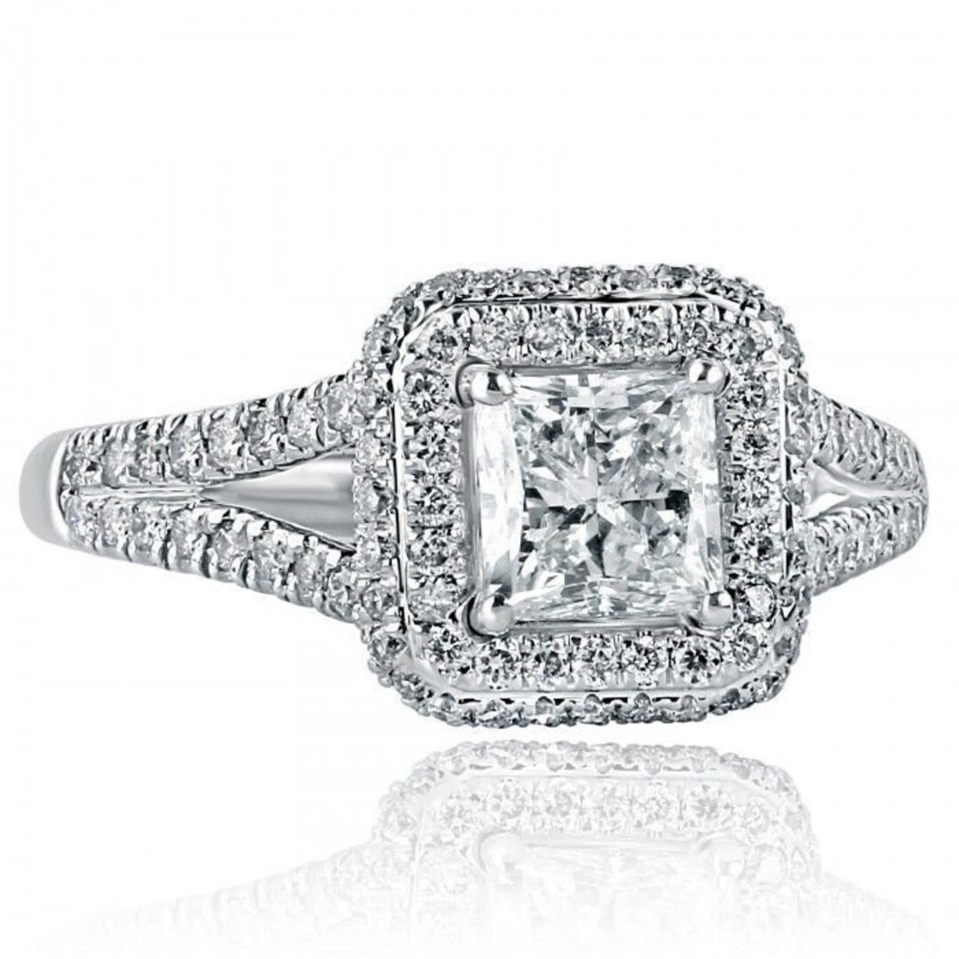 Princess Cut 1.56 CTW Diamond Engagement Ring, 18k White Gold Split ...