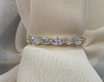 0.70 Carat Lab Grown Diamond Wedding Band, 14K Gold Marquise and Round Cut Ring
