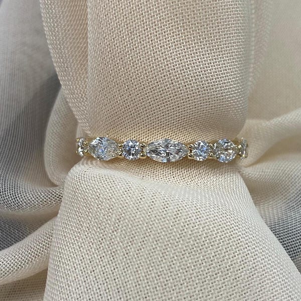 0.70 Carat Lab Grown Diamond Wedding Band, 14K Gold Marquise and Round Cut Ring
