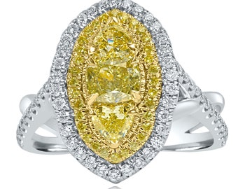 1.63Ctw Natural Fancy Yellow Cushion Diamond Halo Ring, 3 Stone 14k White Gold