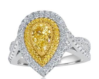 GIA 1.46 CT Pear Light Yellow Diamond Ring, 18k White Gold Double Halo