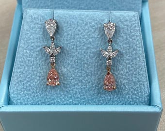 2Ct Lab Grown Pink Diamond Teardrop Earrings: 14k Rose & White Gold Bridal Dangles