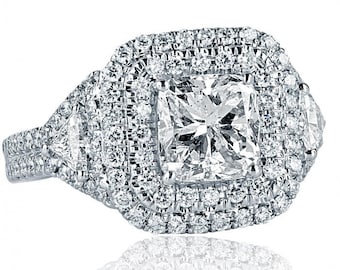 2.90Ctw Cushion Cut Diamond Halo Engagement Ring, Trillion Side Stones, 18k White Gold