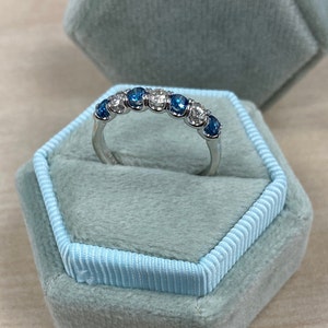 0.50 Ct Alternating Design White Blue Diamond Wedding Band, 7 Stone Diamond Wedding Ring, Anniversary Stacking Ring 10k White Gold