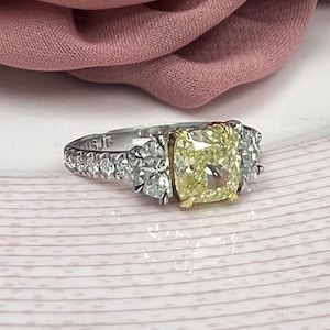 GIA Certified Cushion Diamond Engagement Ring 18k White Gold, 2.48 CT 3 Stone Natural Fancy Yellow Diamond Ring, Past Present Future Ring