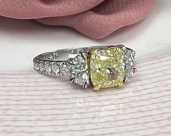 GIA Certified 1.57 CT Cushion Cut Fancy Yellow Diamond Engagement Ring, 18k White Gold