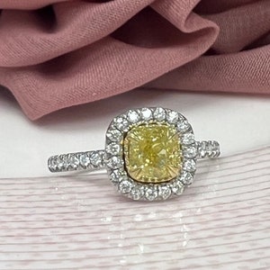 GIA Certified 1.18Ct Cushion Cut Natural Fancy Yellow Diamond Engagement Ring 18k White Gold, Cushion Cut Halo Diamond Ring