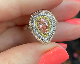 1.36 Ctw Vivid Pink Pear Lab Grown Diamond Engagement Ring,  Halo, 14k Gold