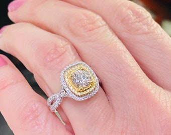 1.62Ctw Faint Yellow Diamond Engagement Ring, Double Halo, Twisted Band, 14k White Gold