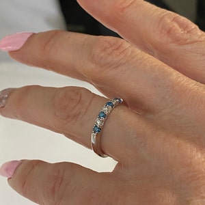 0.30 Ct Alternating Design White Blue Diamond Wedding Band, 7 Stone Diamond Wedding Ring, Stacking Ring, Anniversary Ring 10k White Gold