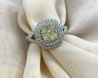2.02 Ctw Cushion Cut Yellow Diamond Engagement Ring, Split Shank Halo, 18k White Gold