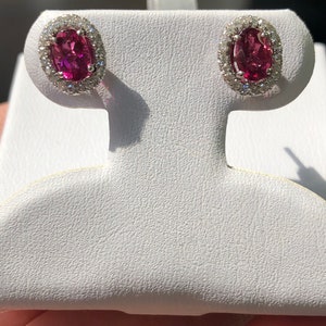 1.20Ct Natural Tourmaline Stud Earrings 14k White Gold, Oval Shaped Pink Tourmaline Halo Diamond Earrings, Tourmaline Post Earring Studs