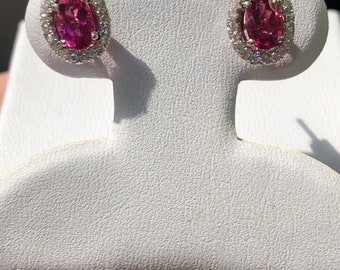 1.20Ct Pink Tourmaline Diamond Halo Earrings - 14k White Gold Studs