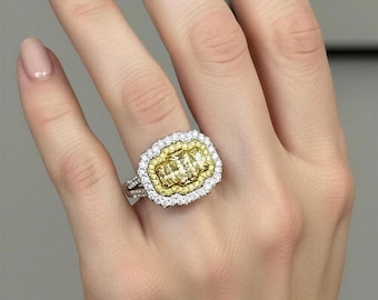 Anillo de compromiso con diamante amarillo talla radiante Art Déco de 1,87 quilates, certificado GIA, en oro blanco de 18 quilates.