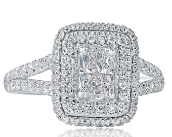 1.44Ct Radiant Cut Diamond Engagement Ring, 18k White Gold Split Shank Double Hallow