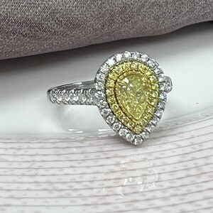 GIA Certified 1.22CT Natural Fancy Yellow Pear Diamond Engagement Ring, Art Deco Design Ring 18k White Gold, Pear Shaped Diamond Halo Ring