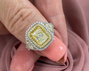 Reserviert, 1 Ratenzahlung für 2,59 Ct Strahlend schwach Gelb Diamant Ring Trillion Brilliant Seiten, Halo Diamant Verlobungsring 18k Weißgold