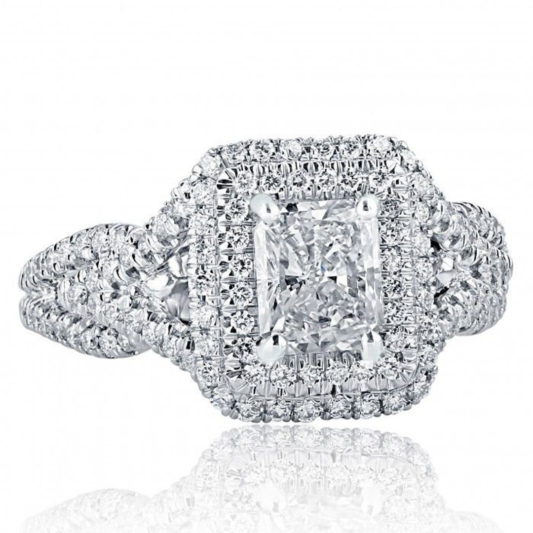 Platinum 1.85CT Radiant Cut Diamond Halo Engagement Ring, Split Shank ...