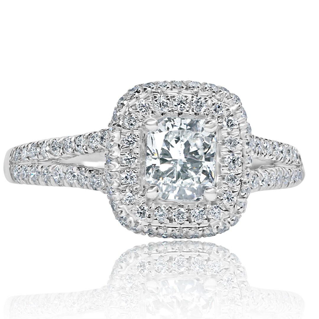 Radiant Cut Diamond Halo Engagement Ring, 18k White Gold Split Shank - Etsy