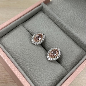 1.25 Ct Pink Lab Grown Oval Brilliant Cut Diamond Stud Earrings, Bridal Stud Earrings 14k White Gold, Halo Studs, Birthday Gift