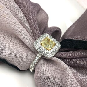1.78 Ct Cushion Diamond Ring, Cushion Cut Diamond Engagement Ring, Natural Fancy Yellow Diamond, Double Halo Ring, 18k White Gold Shank
