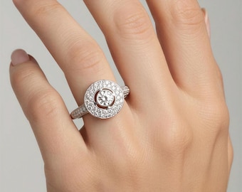 0.89Ctw Round Cut Diamond Engagement Ring, Micro Pave Double Halo, 14k White Gold