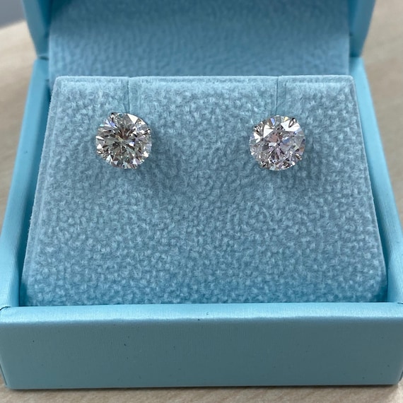 3.23 Carat Round Diamond Stud Earrings, 14k White Gold Solitaire