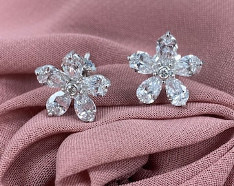 1.50 Ct Floral Lab Grown Diamond Earrings, Pear Cluster, 14k White Gold
