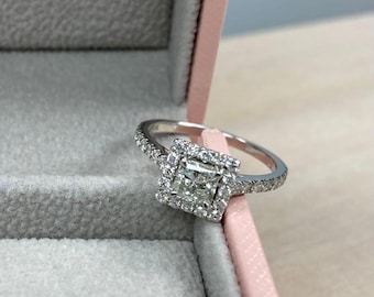 Radiant Cut Diamond Halo Engagement Ring, 14k White Gold, 1.07 CTW