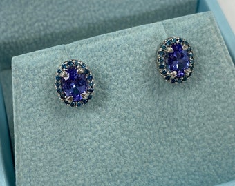 1 Carat Oval Tanzanite Diamond Halo Stud Earrings, 14k White Gold