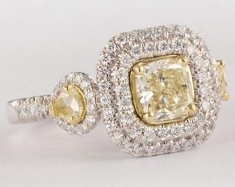 2.09Ctw Cushion Cut Yellow Diamond Engagement Halo Ring, Pear Side Stones, 14k White Gold