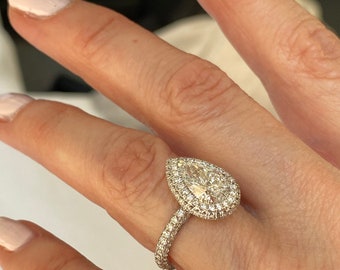 3.32Ctw Pear Lab Grown IGI Diamond Double Halo Engagement Ring, 14k White Gold