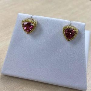 Tourmaline Studs, Tourmaline Earrings 14k Yellow Gold, 1.20CT Trillion Pink Tourmaline Halo Diamond Studs, Post Earring Studs
