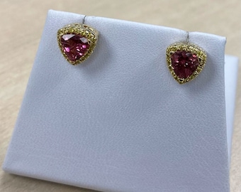 1.20Ct Pink Tourmaline Diamond Halo Studs, 14k Yellow Gold Earrings