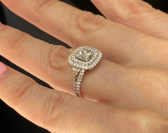 1.27Ctw Radiant Cut Diamond Double Halo Engagement Ring, 18k White Gold Split Shank