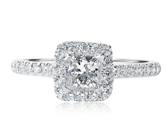 0.90Ctw Princess Cut Diamond Halo Engagement Ring, 14k White Gold Pave Band