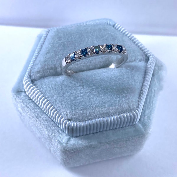 Princess Cut Diamond Wedding Band, 0.30Ct Alternating White Blue Diamond Wedding Ring, Anniversary Stacking Ring 10k White Gold