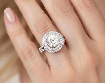 Double Halo 3.23Ctw Round Cut Diamond Engagement Ring, 18k White Gold